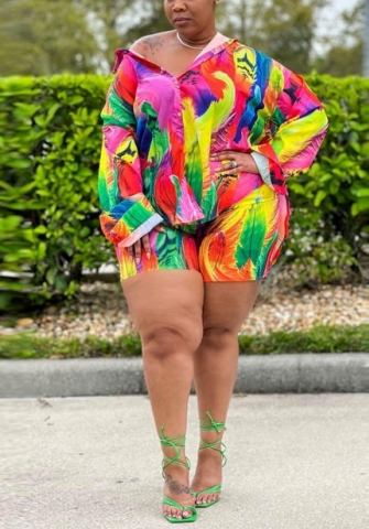 (Plus Size)2022 Styles Women Sexy INS Styles Print Short Two Piece Suit