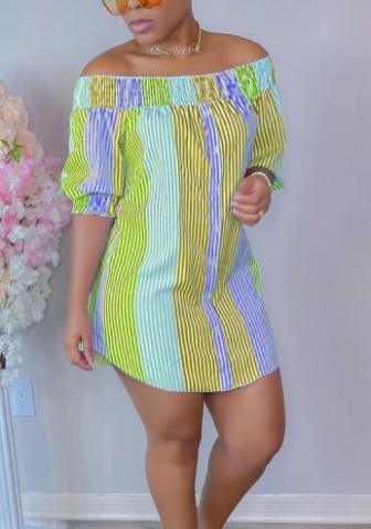 (Real Image)2022 Styles Women Sexy INS Styles Off Shoulder Striped Casual Mini Dress