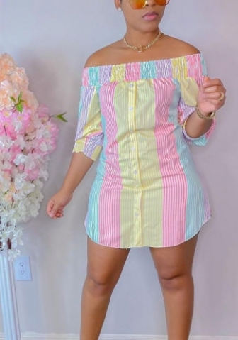 (Real Image)2022 Styles Women Sexy INS Styles Off Shoulder Striped Casual Mini Dress
