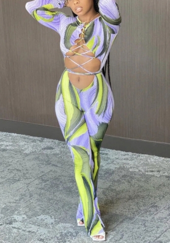 (Real Image)2022 Styles Women Sexy INS Styles Print Front Lace Up Jumpsuit