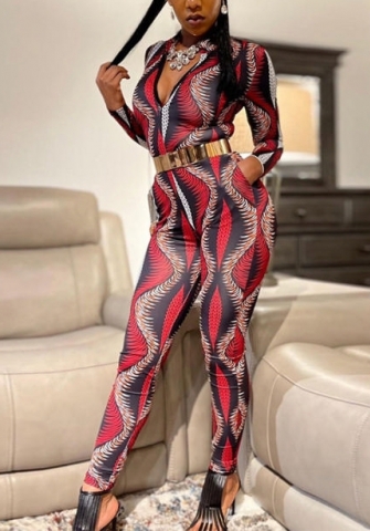 (Real Image)2022 Styles Women Sexy INS Styles Print Front Zipper Jumpsuit