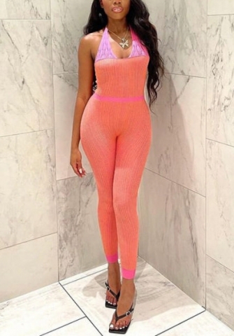 (Real Image)2022 Styles Women Sexy INS Styles Print Striped Halter Backless Jumpsuit