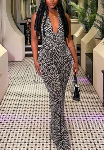 (Real Image)2022 Styles Women Sexy INS Styles Print Halter Backless Jumpsuit