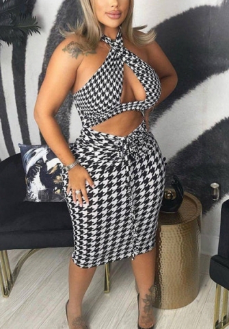 (Real Image)2022 Styles Women Sexy INS Styles Print Cut Out Bandage Midi Dress