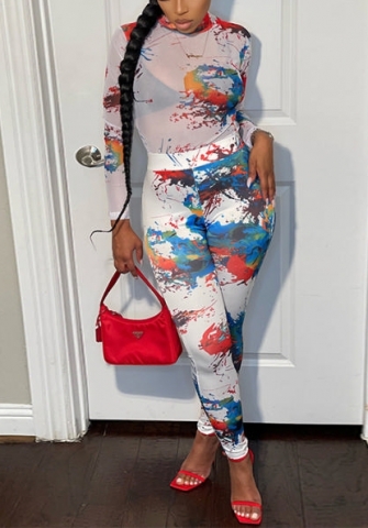 (Real Image)2022 Styles Women Sexy INS Styles Print Mesh Two Piece Suit