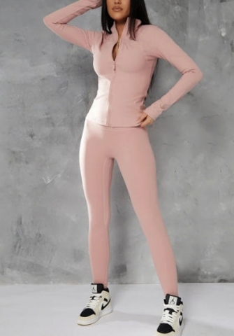 (Real Image)2022 Styles Women Sexy INS Styles Pink Front Zipper Jacket+Long Pants Two Piece Suit