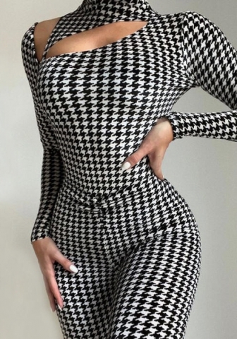 (Real Image)2022 Styles Women Sexy INS Styles Print Cut Out Long Sleeve Jumpsuit