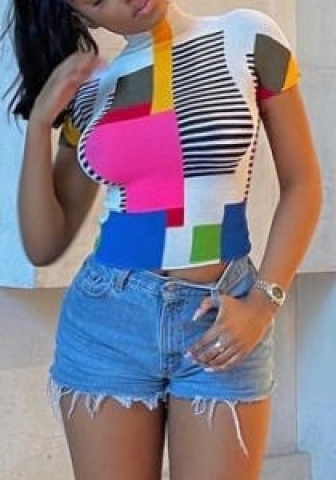 (Real Image)2022 Styles Women Sexy INS Styles Print Contrast Color Short Sleeve Tee
