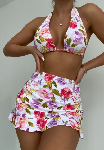 (Real Image)2022 Styles Women Fashion INS Styles Print Floral Bikini Set + Skirts 3 Piece Suit