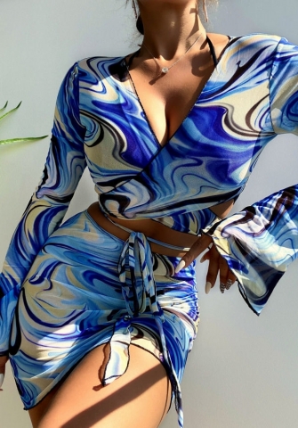 (Real Image)2022 Styles Women Fashion INS Styles Print Two Piece Suit Dress + Bikini Set 4 Piece Swimsuit