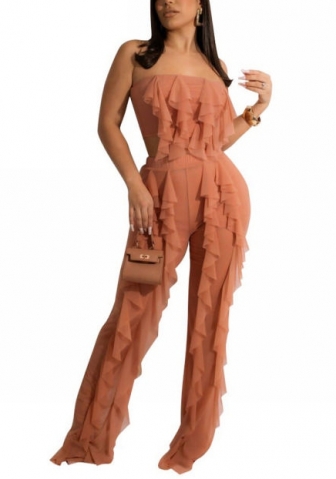 (Real Image)2022 Styles Women Fashion INS Styles Mesh Ruffle Solid Color Two Piece Suit