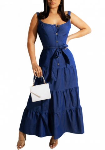 (Real Image)2022 Styles Women Fashion INS Styles Front Button Jeans Maxi Dress