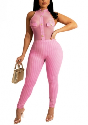 2022 Styles Women Fashion INS Styles Mesh Front Button Jumpsuit