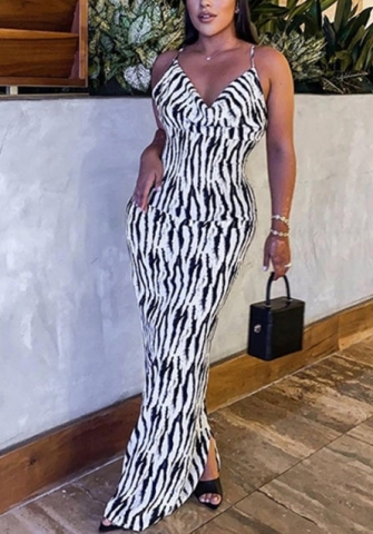 (Real Image)2022 Styles Women Fashion INS Styles Print Zebra Strap Backless Maxi Dress