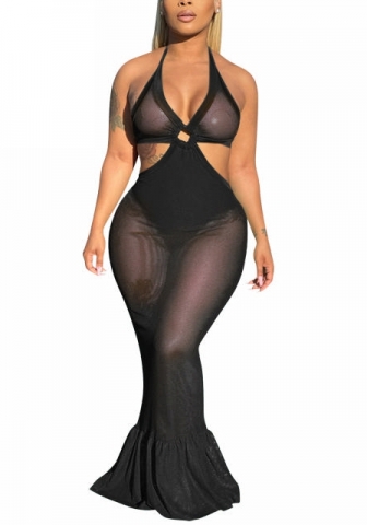 (Real Image)2022 Styles Women Fashion INS Styles Solid Color Mesh Maxi Dress