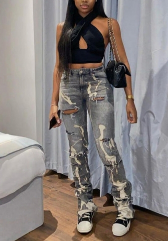 (Only Long Pants)(Real Image)2022 Styles Women Fashion INS Styles Print Grey Jeans Long Pants