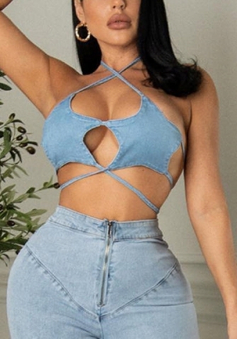 (Only Tops)(Real Image)2022 Styles Women Fashion INS Styles Jeans Tie Tank Tops
