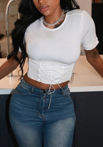 (Real Image)2022 Styles Women Fashion INS Styles Bottom Lace Up Short Sleeve Tee