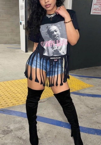 (Real Image)2022 Styles Women Fashion INS Styles Short Sleeve Black Print Bottom Tassel Tops