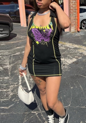 (Real Image)2022 Styles Women Fashion INS Styles Print Butterfly Halter Mini Dress