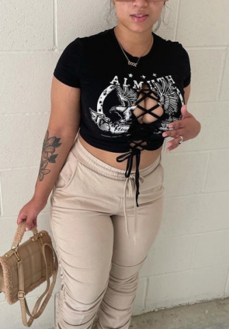 (Real Image)2022 Styles Women Fashion INS Styles Print Lace Up Tee