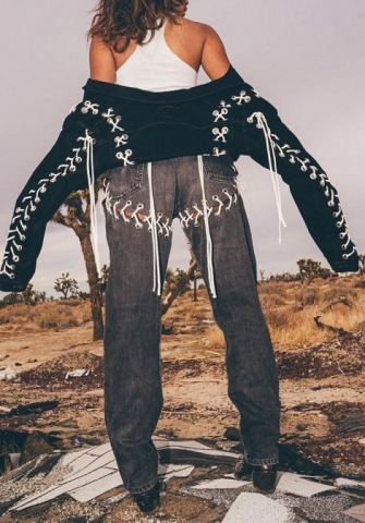 (Only Long Pants)(Real Image)2022 Styles Women Fashion INS Styles Lace Up Jeans Long Pants