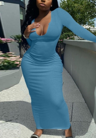 (Real Image)2022 Styles Women Fashion INS Styles Rib Long Sleeve Maxi Dress