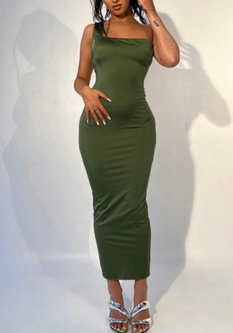 (Real Image)2022 Styles Women Fashion INS Styles Single Shoulder Solid Color Maxi Dress