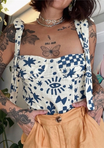 (Real Image)2022 Styles Women Fashion INS Styles Print Blue Tie Tank Tops