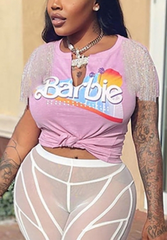 (Real Image)2022 Styles Women Fashion INS Styles Print Hip Hop Tassel Double Shoulder Tee