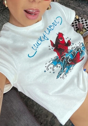 (Real Image)2022 Styles Women Fashion INS Styles Print Fish Short Sleeve Tee