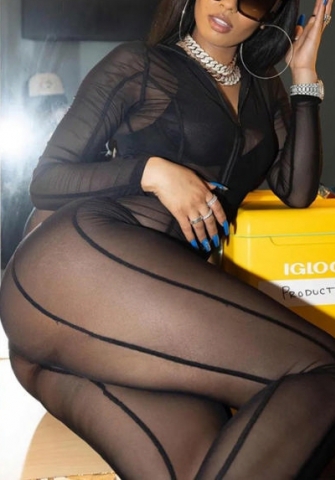 (Real Image)2022 Styles Women Fashion INS Styles Black Mesh See Through Jumpsuit