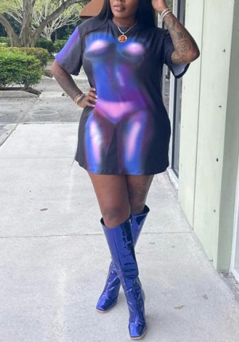 (Real Image)2022 Styles Women Fashion INS Styles Print Blue Short Sleeve Casual Mini Dress