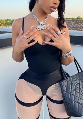 (Real Image)2022 Styles Women Fashion INS Styles Mesh Black Contrast Color Romper