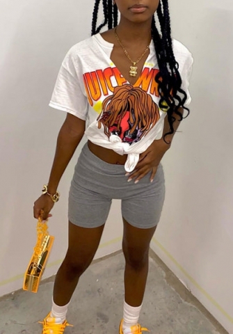 (Real Image)2022 Styles Women Fashion INS Styles V Neck Print Tee