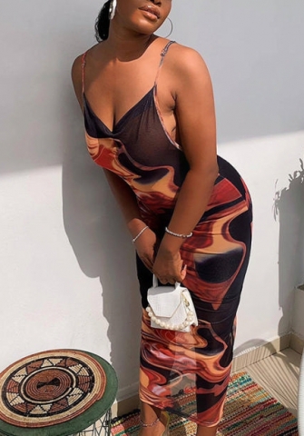 (Real Image)2022 Styles Women Fashion INS Styles Print Mesh Maxi Dress