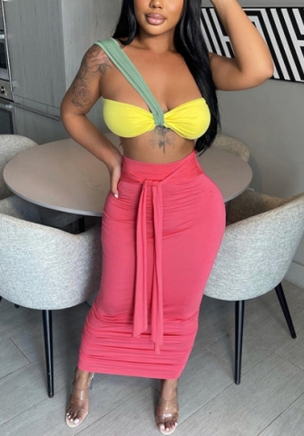 (Real Image)2022 Styles Women Sexy INS Styles Contrast Color Single Shoulder Maxi Dress