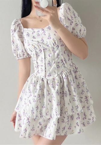 (Real Image)2022 Styles Women Fashion INS Styles Bohemian Puff Short Sleeve Hem Mini Dress