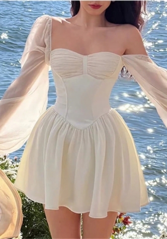 (Real Image)2022 Styles Women Fashion INS Styles Mesh Hem  Off Shoulder Mini Dress