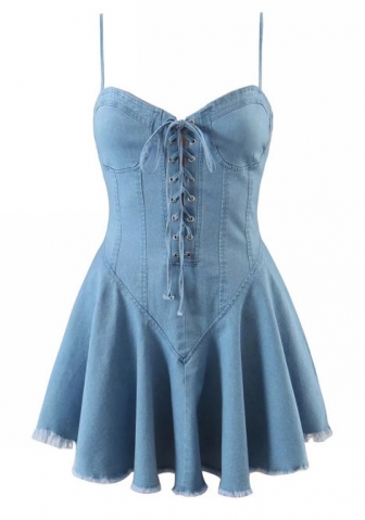 (Real Image)2022 Styles Women Fashion INS Styles Blue Jeans Hem Mini Dress