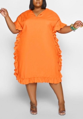 (Real Image)2022 Styles Women Fashion INS Styles Orange Ruffle Side Maxi Dress