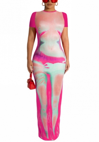 (Real Image)2022 Styles Women Fashion INS Styles Print Short Sleeve Maxi Dress