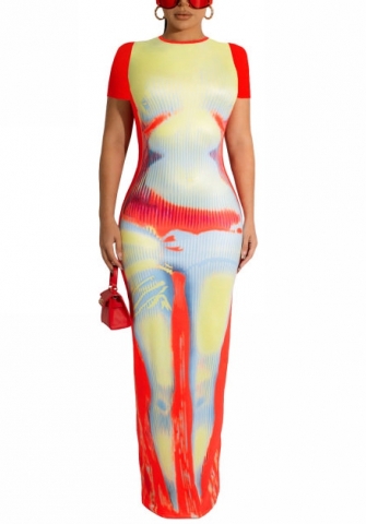 2022 Styles Women Fashion INS Styles Print Short Sleeve Maxi Dress