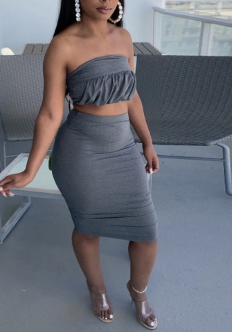 (Real Image)2022 Styles Women Fashion INS Styles Gray Tube Bandage + Midi Skirts Two Piece Dress