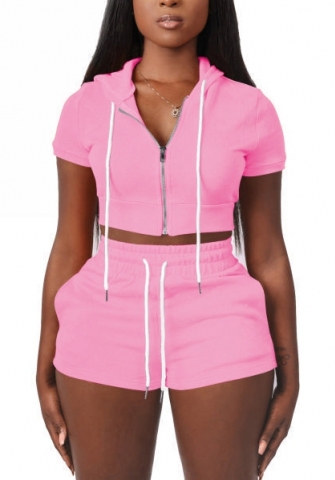 (Real Image)2022 Styles Women Fashion INS Styles Solid Color Hoodie Front Zipper Short Two Piece Suit