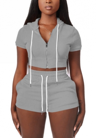 2022 Styles Women Fashion INS Styles Solid Color Hoodie Front Zipper Short Two Piece Suit