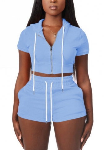 2022 Styles Women Fashion INS Styles Solid Color Hoodie Front Zipper Short Two Piece Suit