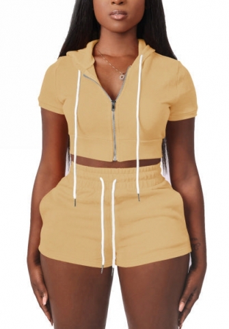 2022 Styles Women Fashion INS Styles Solid Color Hoodie Front Zipper Short Two Piece Suit