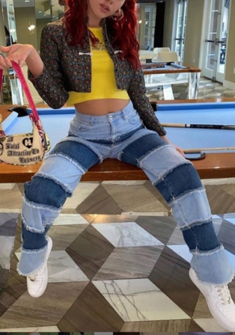 (Real Image)2022 Styles Women Fashion INS Styles Contrast Color Jeans Ripped Long Pants