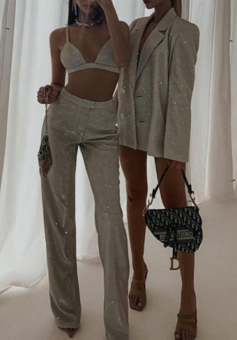 (Bra+Long Pants)(Real Image)2022 Styles Women Fashion INS Styles Velvet Silver Two Piece Suit